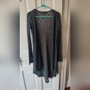 Toonzshop Yggdrazil Open Crochet Long Cardigan in Charcoal Teal